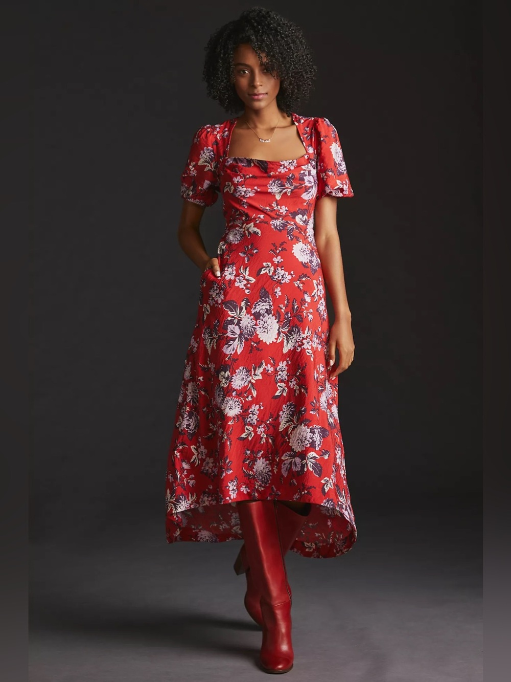Anthropologie Maeve Women Red Puff-Sleeve Dress Size 20W High Low square neck